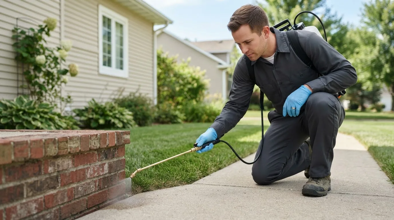Pest control technician treating a home near Iliamna, AK